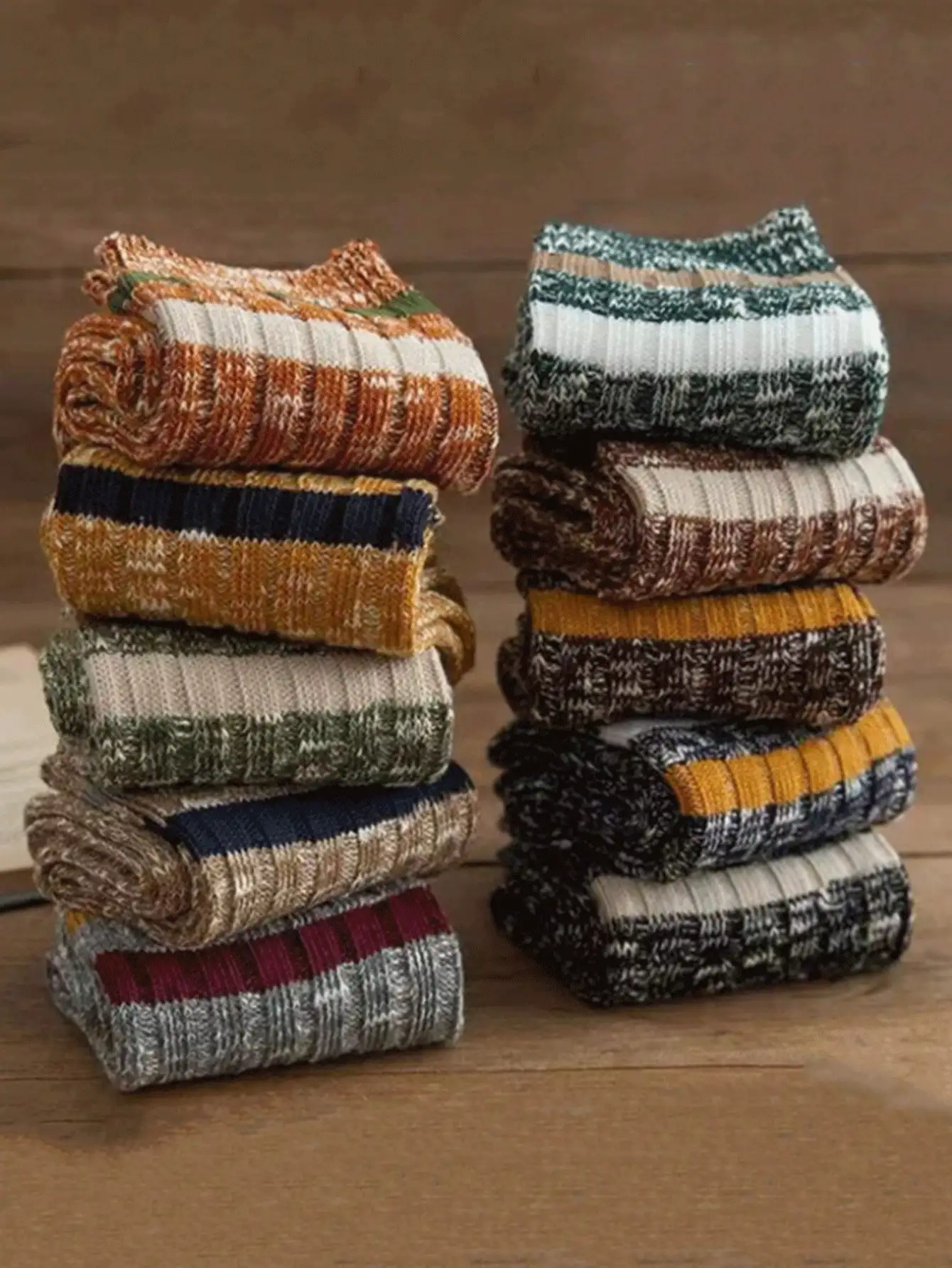 5双随机色厚针织竖条纹圆领袜子，秋冬季休闲街头装中长袜 - 彩色 - 查看 2