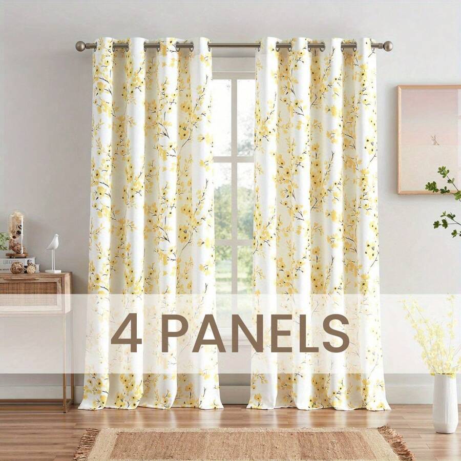 4Pcs Floral Curtains For Living Room Farmhouse Country Multi Color Flower Print White Decorative Grommet Drapes For Bedroom, 52x84 Inch - Màu vàng - Xem 1