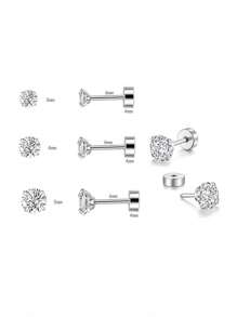 6 件/套女士不锈钢耳骨耳钉 - 圓餅銀色-白鑽 - 查看 5