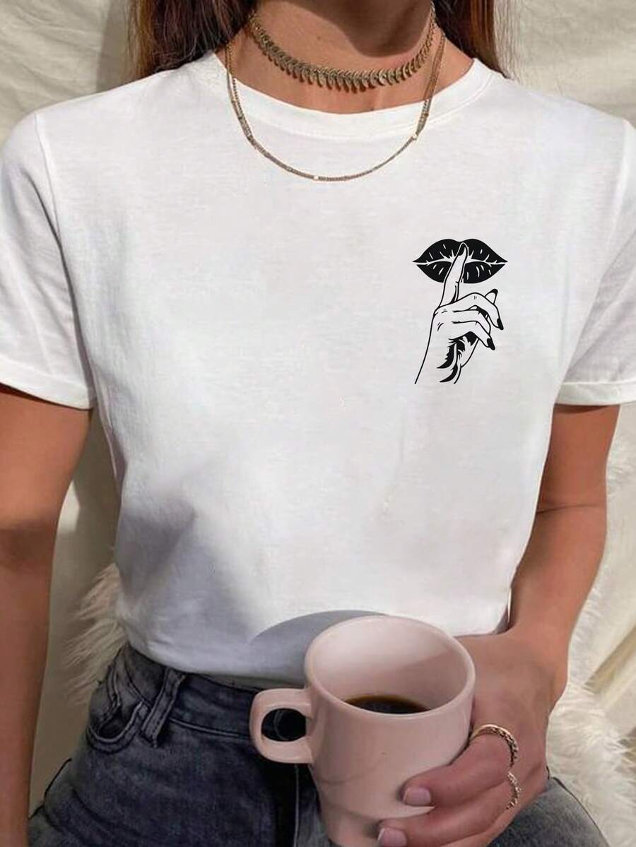 You On T Shirt Women's Baby Look Mouth Print Silence Various Colors 100% Cotton - trắng - Xem 1