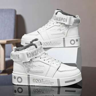 男士冬季休闲运动鞋，青少年中帮印花时尚白鞋