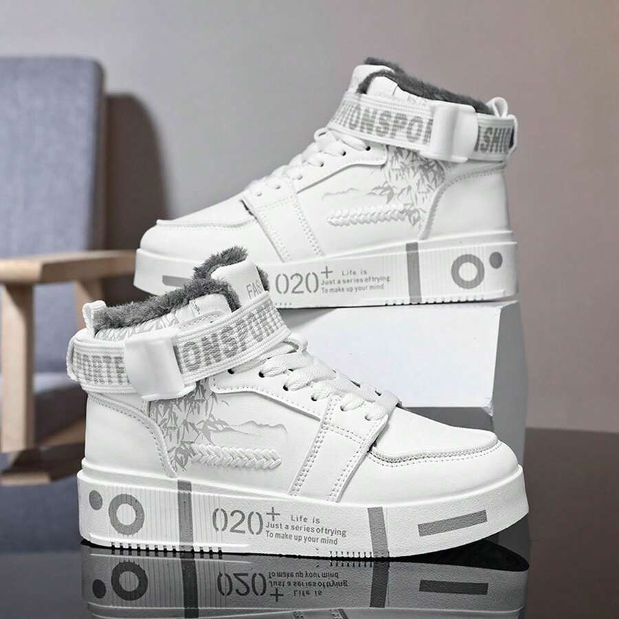 男士冬季休闲运动鞋，青少年中帮印花时尚白鞋 - 白色 - 查看 1