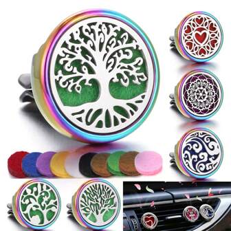 Diffusore di oli essenziali per auto con molletta per bocchetta d'areazione, a forma di albero della vita colorato, con 10 dischetti per aromaterapia, accessori per interni auto