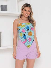 RAW CLOTHING One Size Shirt Set With Tie At The Back And Print, Shorts With Zipper And No Pocket - Mauve Purple - View 2
