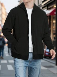 1 件男友风格男士纯色连帽夹克，休闲长袖开衫，运动健身夹克，春/秋 - 黑色 - 查看 1