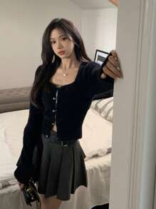 女士休闲优雅长袖针织衫，适合秋冬季穿着，黑色 - 黑色 - 查看 8