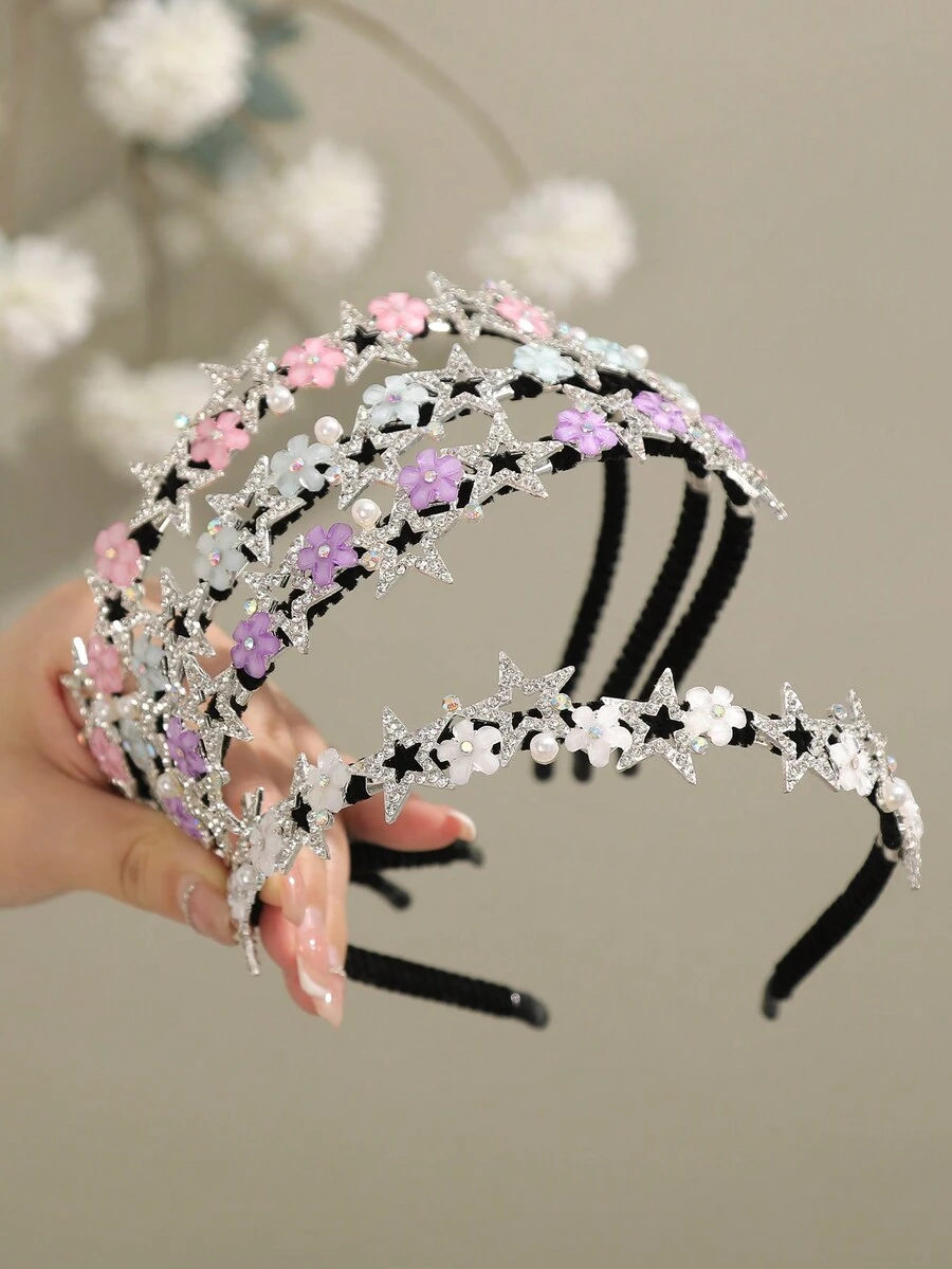 1 件水钻和珍珠花星头带，适合日常、旅行、摄影服装配饰 - 彩色 - 查看 1