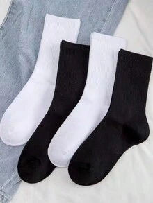 4 双纯黑色和白色中性中筒袜，4 季 - 彩色 - 查看 3