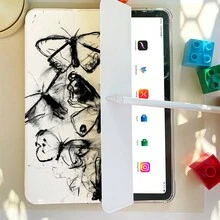 Ốp lưng gương gập ba họa tiết bướm - Ốp bảo vệ có gương Acrylic, tương thích với IPad 10.2/Air4/5/Pro11/10/10.9/9.7, thiết kế hai trong một, phụ kiện bền và thời trang cho mục đích sử dụng hàng ngày - Đen và trắng - Xem 3