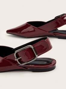 French Style Burgundy Leather Pointed Toe Buckle Decor Flat Mules