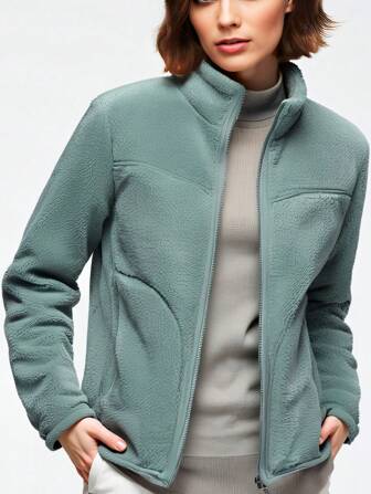 女士户外休闲双面抓绒外套，宽松长袖保暖外套，适合秋冬季节，温度范围5-20℃，绒面材质，适合滑雪及其他运动