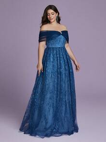 Vestido de dama de honor con hombros descubiertos, plisado, de malla con bordado de encaje, talla grande - Azul - Ver 4