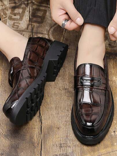 Men Leather Shoes, British Style, Thick Sole Elevator, Embossed Loafers, Casual Business Formal Moccasin Shoes