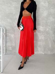 Women's Pleaded Skirt Modest Women's Skirt Pleaded Long Solid Color Midi Skirt - 紅色 - 查看 6