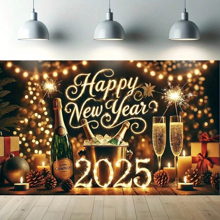 Happy New Year 2025 Polyester Backdrop Perfect For Party & Outdoor Decorations, Home & Garden Celebrations