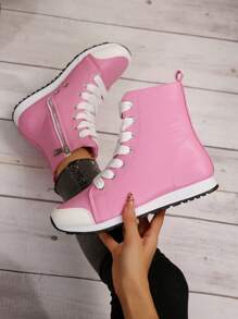 女士高帮系带侧拉链休闲运动鞋 - 粉色 - 查看 2