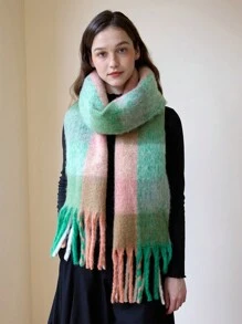 1 szt. damski szalik w kratę z poliestru tęczowego, uniwersalne zastosowanie, gruby i miękki ciepły szalik na wyjścia, dojazdy do pracy, jesień i zima