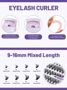 QUAFFLY 睫毛夹 5 片装睫毛夹套装，多种款式，长度混合，包含睫毛粘合剂、睫毛卸除器、镊子和睫毛夹，方便在家 DIY 美睫。睫毛夹套装（D 型 - 9-16mm）睫毛簇 - 黑色 - 查看 8