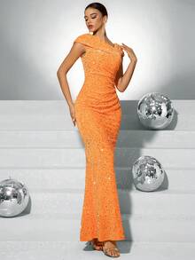 Fuaheng 优雅闪光连衣裙，不对称领口和褶皱细节，正式晚会礼服，适合婚礼嘉宾、毕业典礼、晚宴派对礼服