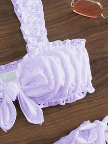 Summer 2pcs Adjustable Strap Ruched Top And Side Tie Triangle Bikini Set - Purple - View 3