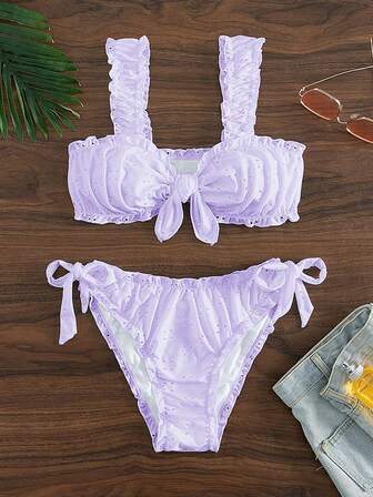 Sommar 2st justerbar rem Rynkad topp och sidoband Triangel Bikini Set