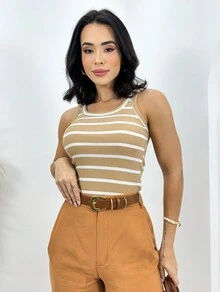 Basic Long Round Neck Strappy Tank Top Summer - Màu be - Xem 3