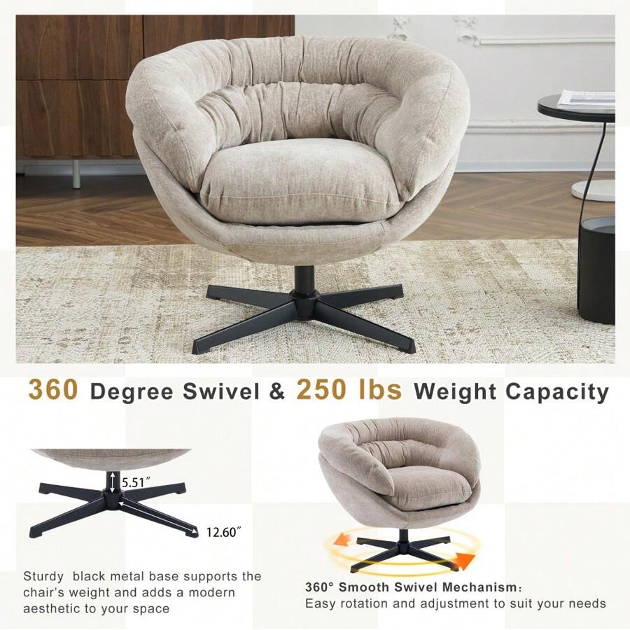 Anwick 360° Swivel Accent Chair, Comfy Reading Chair With Removable Upholstered, Round Swivel Chair With Metal Base, Club Chair For Living Room, Bedroom, Office - Nâu nhạt - Xem 1