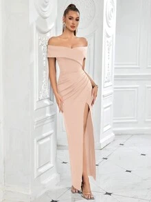ADYCE Đầm maxi cocktail nữ kiểu vintage xếp ly trễ vai xẻ cao, thích hợp cho lễ tốt nghiệp, dạ hội, vũ hội, các dịp bán trang trọng, sinh nhật, tiệc cưới và các sự kiện khác. - màu thịt - Xem 5