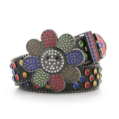 Women's Y2K Rhinestone Belt, Floral Rhinestone Alloy Buckle Accessory, Large Rhinestone Bead Decor, Full Rhinestone Versatile Punk Belt, Rotatable Belt Head