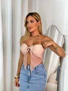 Cropped Top Strapless Fairy Tulle With Front Tie Pads Blogger One Size - 米色 - 查看 1