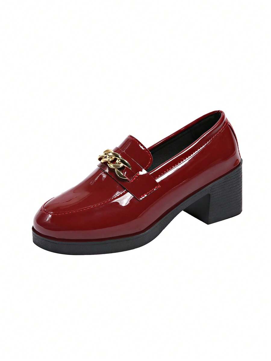 British Style Chain-Decor Slip-On Loafers, Square Toe Thick Heel Work Flats - Burgundy - View 1
