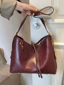 1pc Wine Red Shoulder Tote Bag, Large Capacity For Daily Commute - Burgundy - View 2
