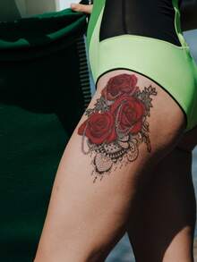 1 件炫酷玫瑰花临时纹身贴纸，女性性感人体艺术，防水且持久，适合手臂/胸部/腿部，玫瑰红色 - 彩色 - 查看 2