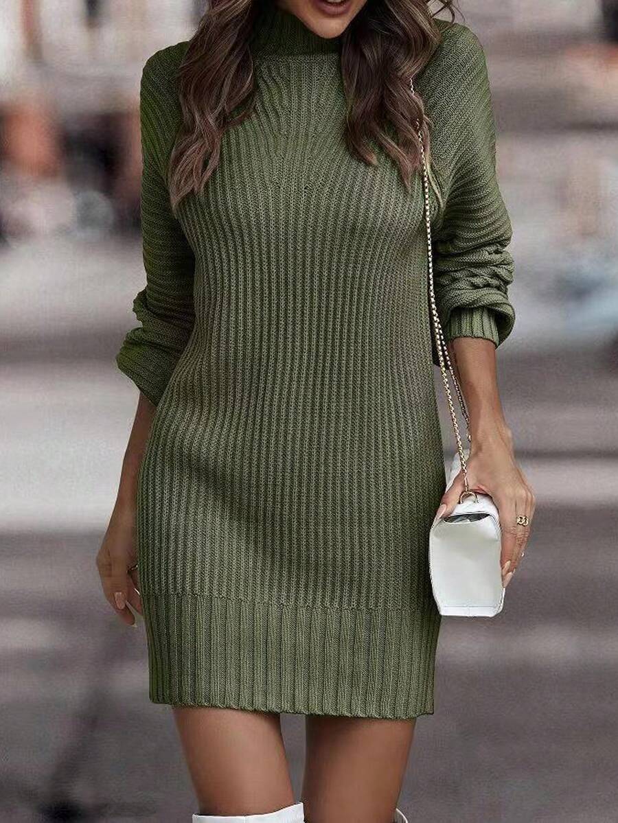 Vestido de punto cuello alto de hombros caídos bolsa no incluida - Verde militar - Ver 1