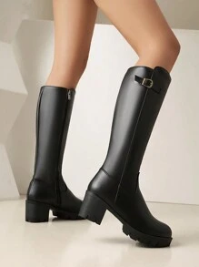 Women's Fashion Black PU Leather Boots, Solid Color Casual Over-The-Knee Boots, Comfortable Mid-Calf Boots, Retro Rider Boots, Platform Thick Heel Long Boots, Buckle Decor Versatile Mid-Heel Women Boots, Side Zipper Leather Boots, Square Toe Women Shoes - Black - View 4