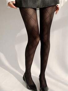 1pair Women Black Fine Line Diamond Mesh Lightweight Breathable Hollow Sheer Stockings Pantyhose, Sexy Style Tights Suitable For Daily Fashionable Wear