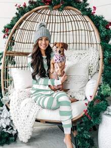 2pcs Knitted Christmas Stripe Long Sleeve Pajama Set - Blue and White - View 1