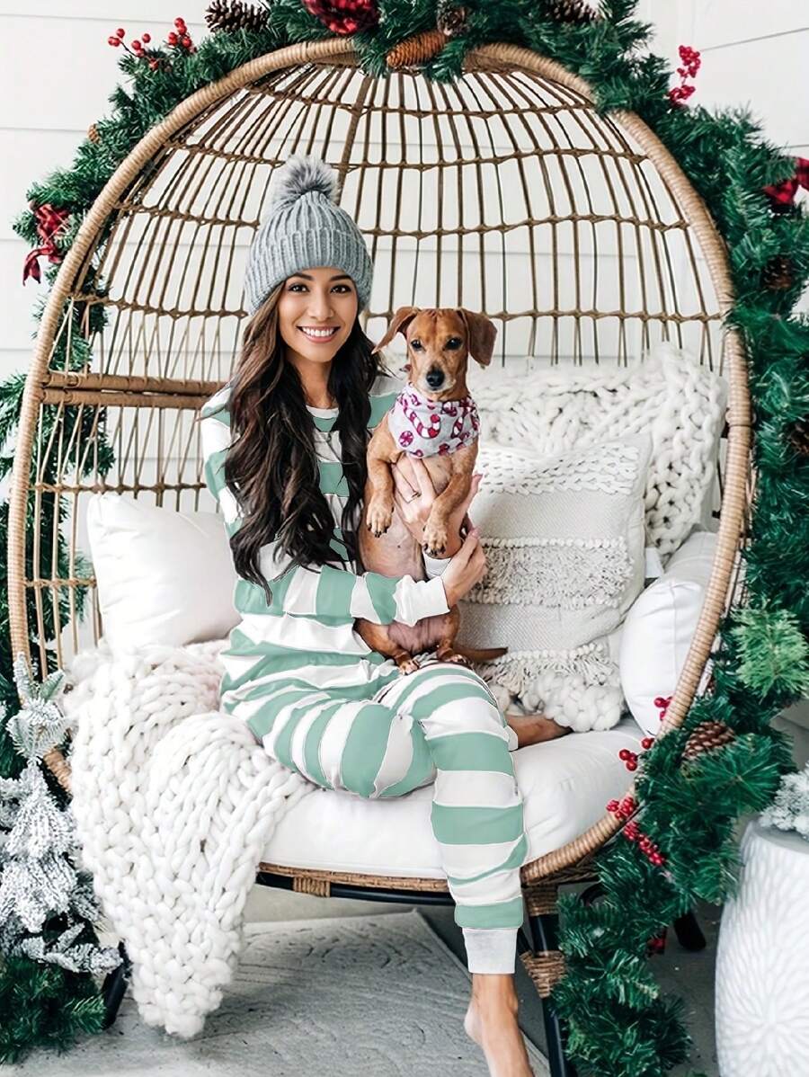 2pcs Knitted Christmas Stripe Long Sleeve Pajama Set - Blue and White - View 1