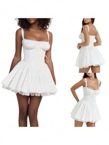 Women's Square Neck Sleeveless Mini Dress Ruched Waist Tiered Ruffle Hem A Line Short Dresses Tie-Up Front Flowy Dress For Club Party - 白色 - 查看 5