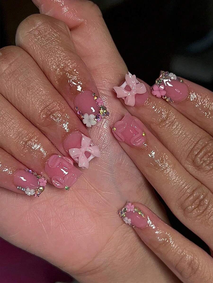 Sanrio Instantly Upgrade Your Look With 24pcs Short Square White French Style Sweet 3D Pink Floral Petal&3D Bow-Knot Laser Glitter Glamnetic Rhinestone Nail Charms Homemade Full Cover Fake Press On Nail Kit Suitable For Daily Spring Will Give Your Look A Romantic Glamnetic - Baby Pink - View 1