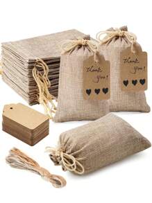 21 pièces/1 set - (comprend 10 sacs + 10 cartes + 1 corde) Sac cadeau en lin à cordon parfait pour les mariages, les douches et les baby showers