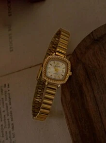 1pc New Vintage Carved Floral Pattern Golden Square-Dial Women's Watch, Fashion Minimalist Elegant Luxury Petite Waterproof Stainless Steel Strap Classic Quartz Watch, Suitable For Daily Wear, Formal Events And Accessory - Gold - View 7