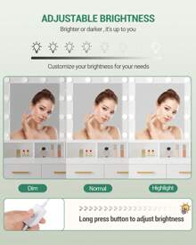 Hzuaneri Tocador con espejo, brillo regulable, tocador con 2 cajones y 1 armario, 3 estantes y 4 compartimentos abiertos, blanco