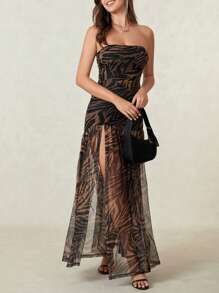 Women Tube Top Dress Tiger Stripe Mesh Patchwork Maxi Dress Strapless Sexy High Slit Long Dresses Party Clubwear - màu nâu - Xem 7