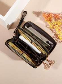 经典大容量拉链手拿包 带 8 个卡槽和多个隔层 优雅格子刺绣圣诞礼物感恩节复古礼物女士钱包钱包长款钱包腕带钱包 - 黑色 - 查看 6