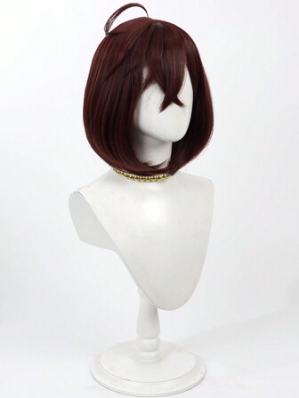 Ayase 13-tums rödbrun cosplay kort hår med lugg, vågig syntetisk peruk, realistisk hårtopp, lämplig för rollspel, halloween, jul, julafton, dagligt slitage, 1st perukmössa