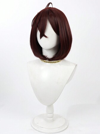 Ayase 13-tums rödbrun cosplay kort hår med lugg, vågig syntetisk peruk, realistisk hårtopp, lämplig för rollspel, halloween, jul, julafton, dagligt slitage, 1st perukmössa