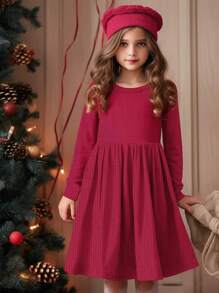Tween Girls' Solid Color Minimalist Casual Round Neck Long Sleeve A-Line Dress - Red - View 1