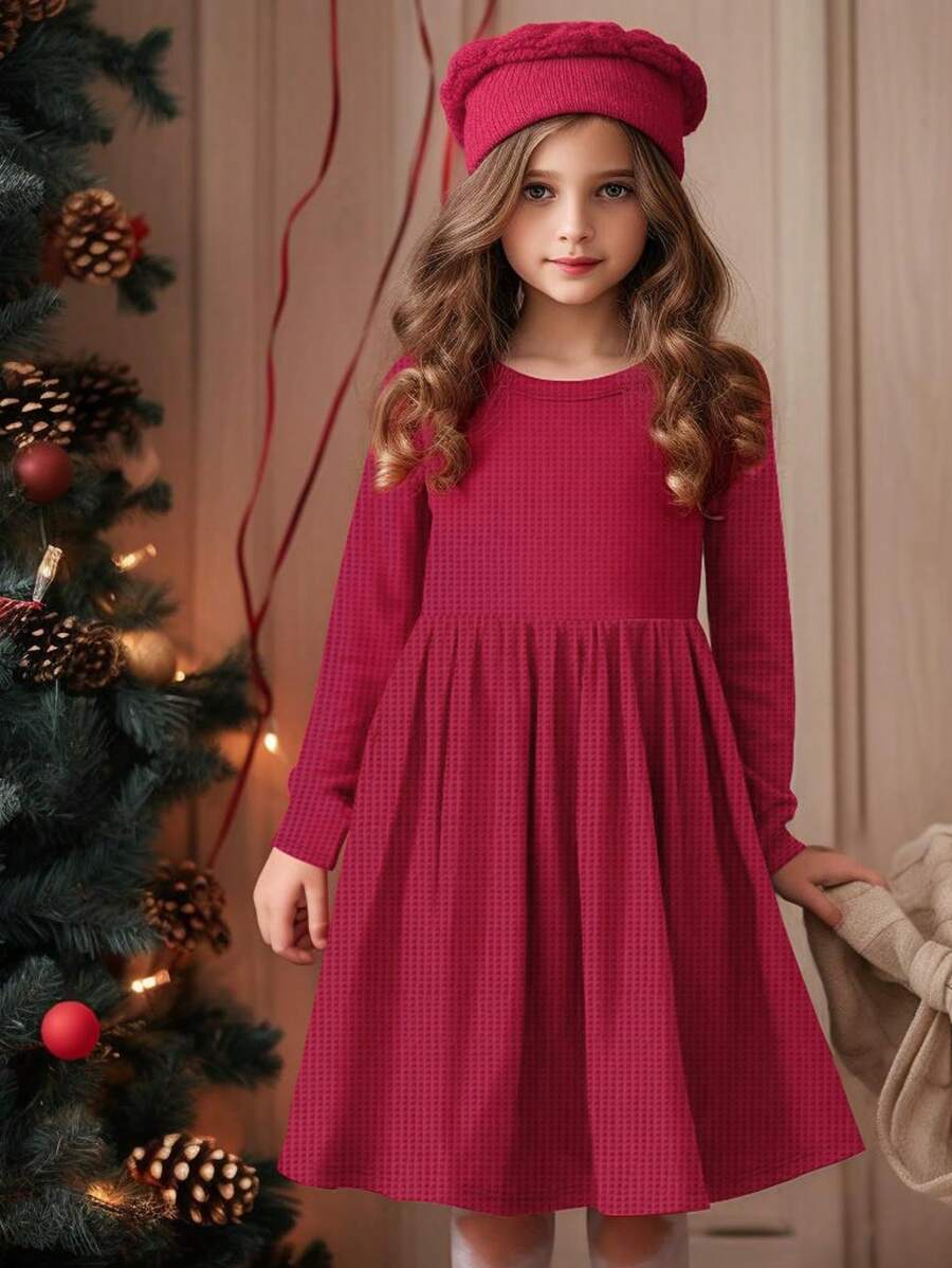 Tween Girls' Solid Color Minimalist Casual Round Neck Long Sleeve A-Line Dress - Red - View 1