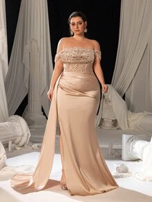 Faeriesty Curve Plus Elegant Off Shoulder Lace Up Backless Sequin Bodice Mermaid Hem Formal Party Dress, Formal Banquets, Upscale Weddings, And Corporate Award Ceremonies. - Champagne - View 5